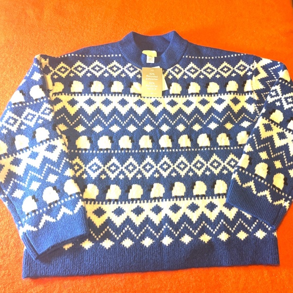 H&M blue and white cute sheep touch of wool jacquard knit sweater NWT - Picture 3 of 9